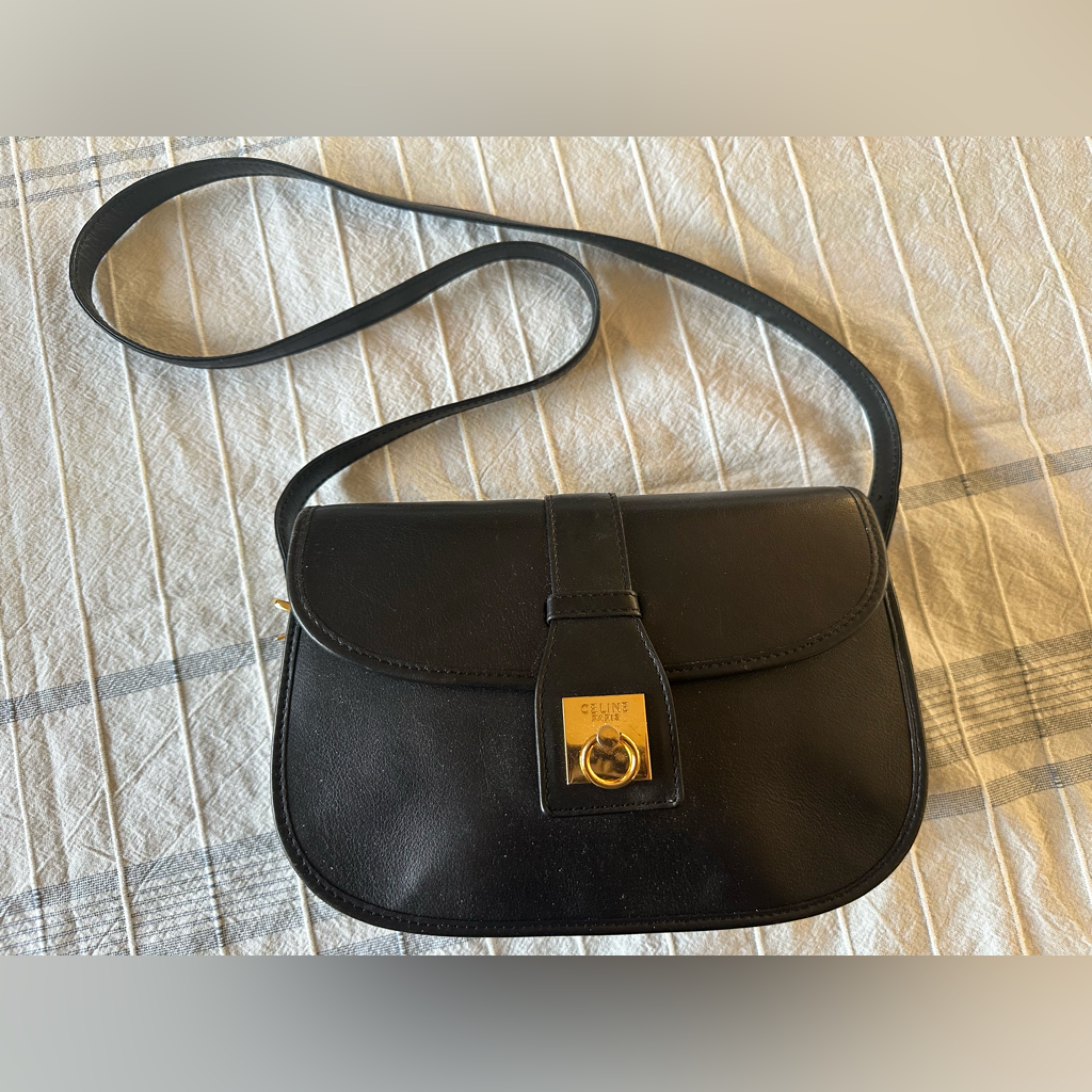 Vintage Celine Black Leather Crossbody Bag With Gold Hardware